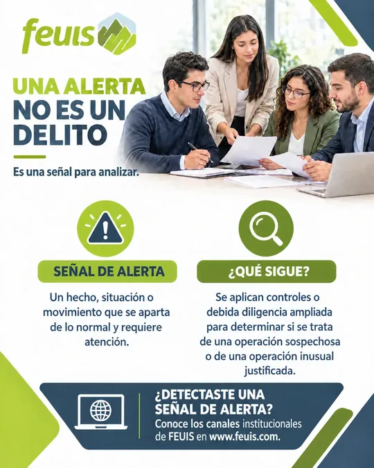 Una alerta no es un delito, es una señal para analizar. Señal de alerta: un hecho, situación o movimiento que se aparta de lo normal y requiere atención. ¿Qué sigue? Se aplican controles o debida diligencia ampliada para determinar si se trata de una operación sospechosa o de una operación inusual justificada. ¿Detectaste una señal de alerta? Conoce los canales institucionales de FEUIS en www.feuis.com.