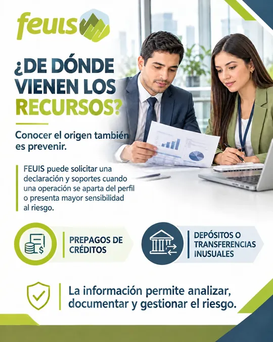 ¿De dónde vienen los recursos? Conocer el origen también es prevenir. FEUIS puede solicitar una declaración y soportes cuando una operación se aparta del perfil o presenta mayor sensibilidad al riesgo, como prepagos de créditos o depósitos o transferencias inusuales. La información permite analizar, documentar y gestionar el riesgo.